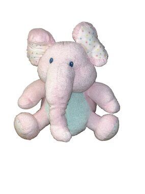 Vintage Pink Terrycloth Elephant Pastel Stars Embroidered Eyes Plush Rattle 13”